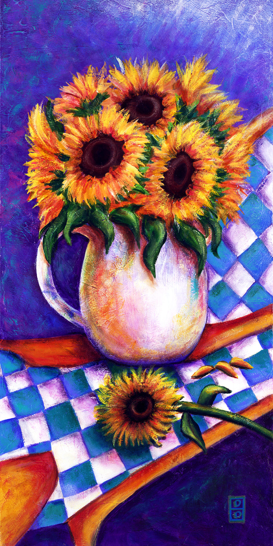 Sunflowers On Blue Checkerboard
